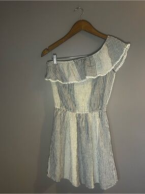 American Eagle Off Shoulder Dress Small Blue White Striped Ruffle Summer